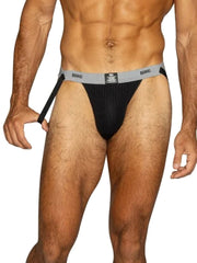 BIKE black athletic jockstrap with grey waistband and leg straps.