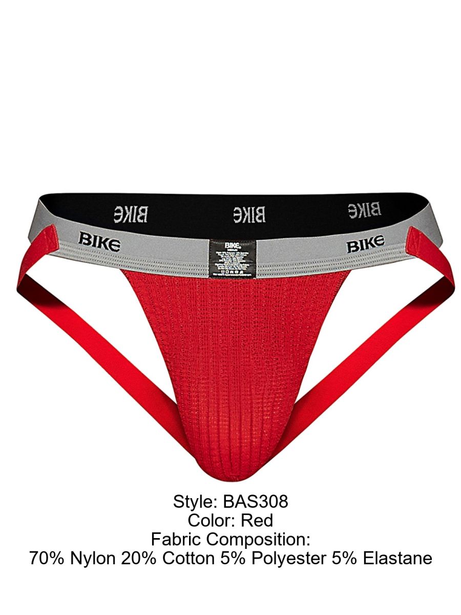 Red BIKE athletic jockstrap with ribbed pouch and gray waistband.