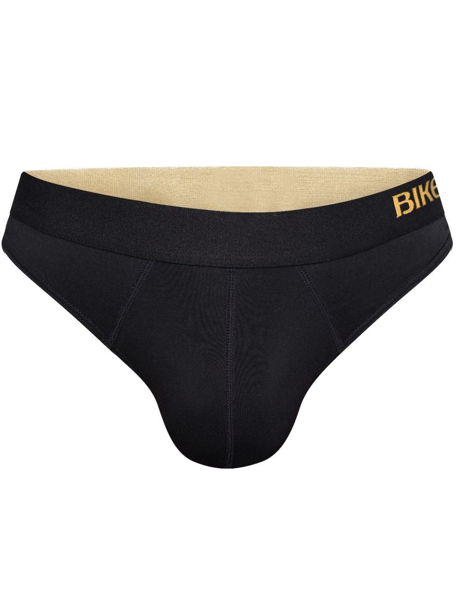 Black bike athletic BAS319 active thong briefs with gold bike logo waistband and beige interior lining