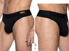 Black men’s bike briefs with a gold bike logo on the waistband in black for athletic use front view