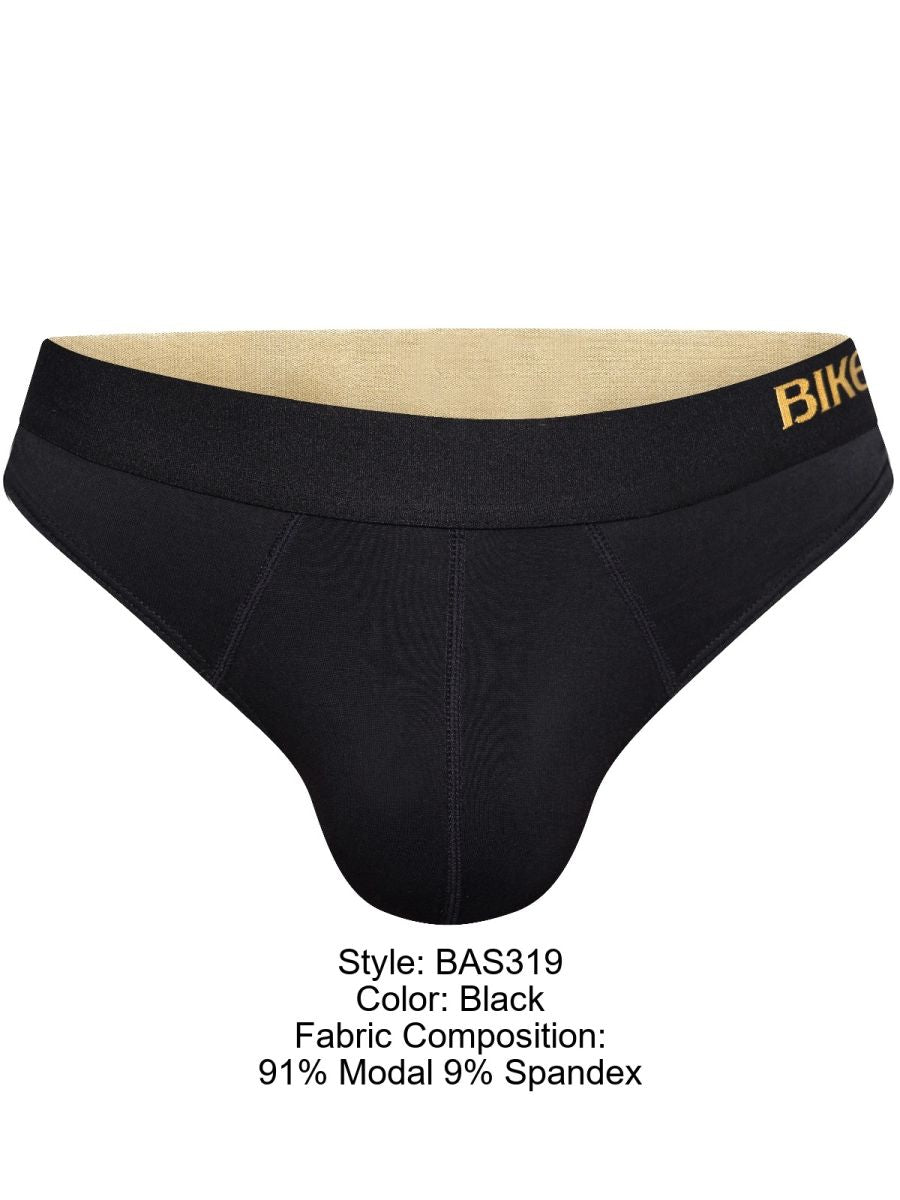 Black BIKE athletic BAS319 active thong briefs with gold logo on waistband made of 91% modal 9% spandex