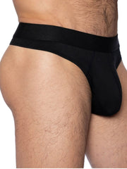 Black bike athletic bas319 active thong made of smooth fabric with wide waistband shown from the back side