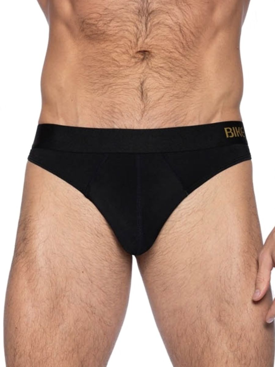 Black bike athletic bas319 active thong men’s briefs with gold logo on waistband designed for athletic use