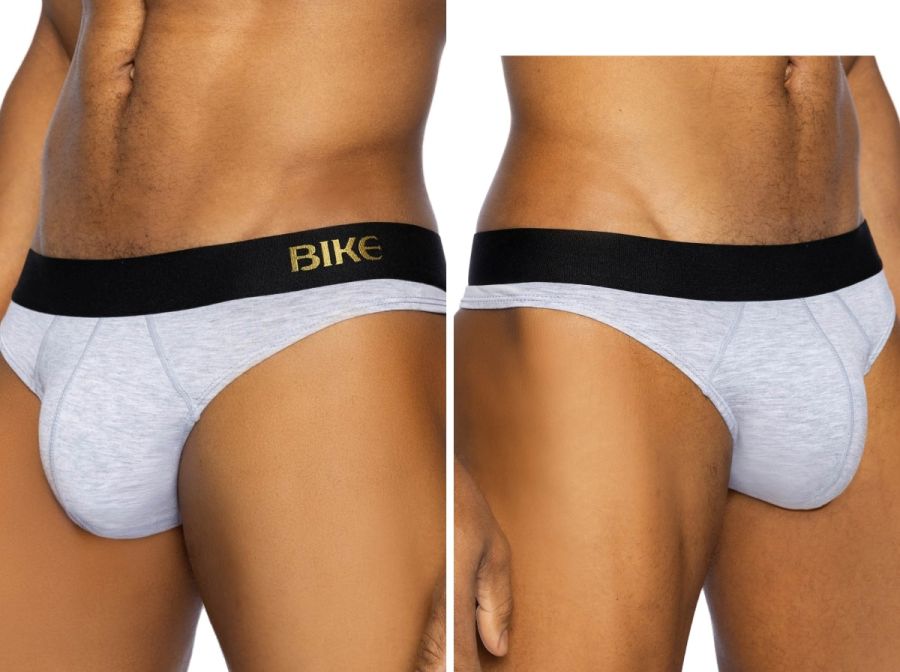 Light gray heathered bike briefs with black waistband featuring gold bike lettering from BIKE athletic BAS319 active thong collection