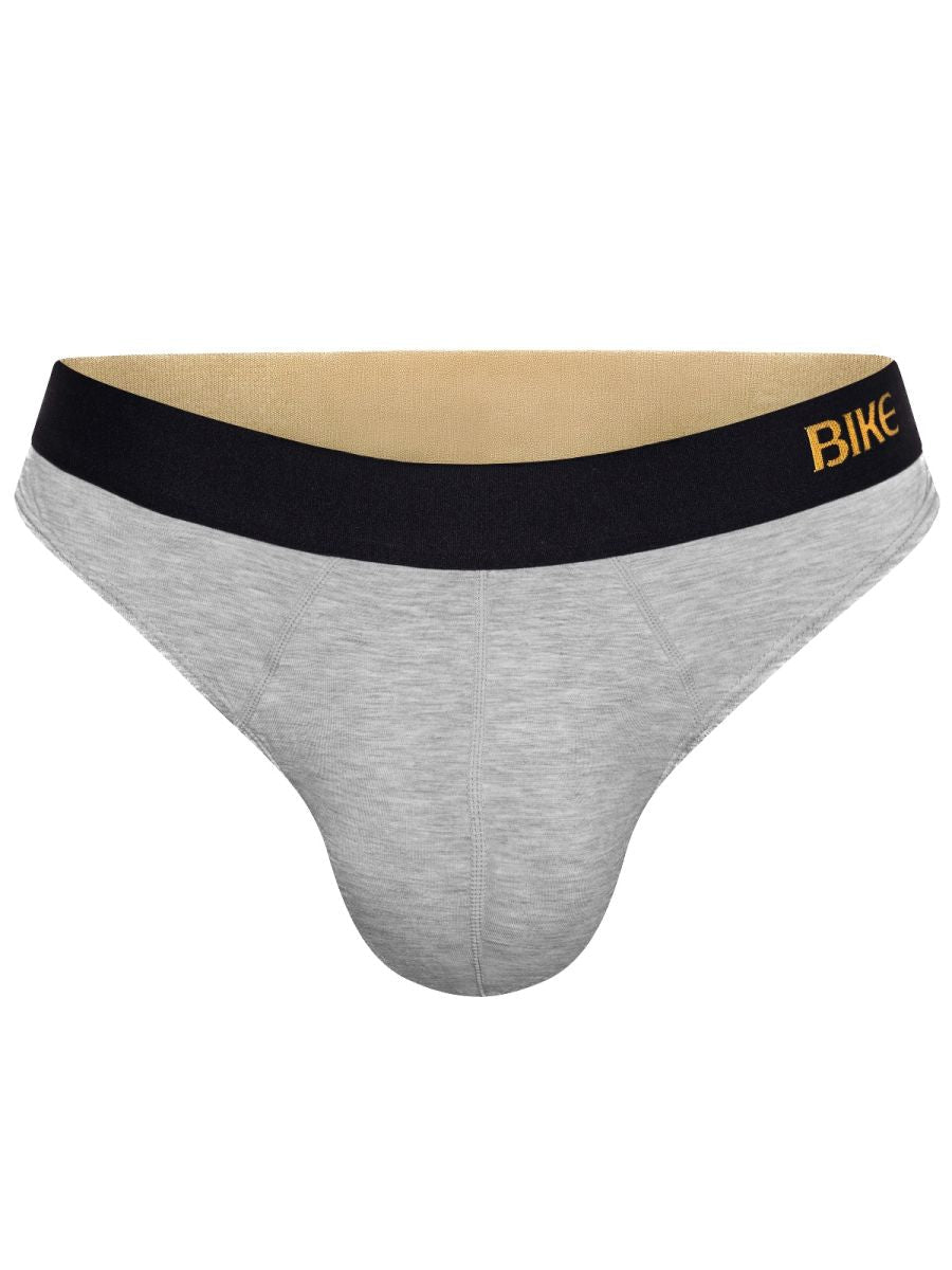 Gray heathered men’s briefs with a black waistband featuring bike in gold lettering from bike athletic bas319 active thong in light gray