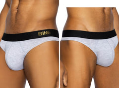 Light gray heathered bike briefs with black waistband featuring gold bike lettering from BIKE athletic BAS319 active thong collection