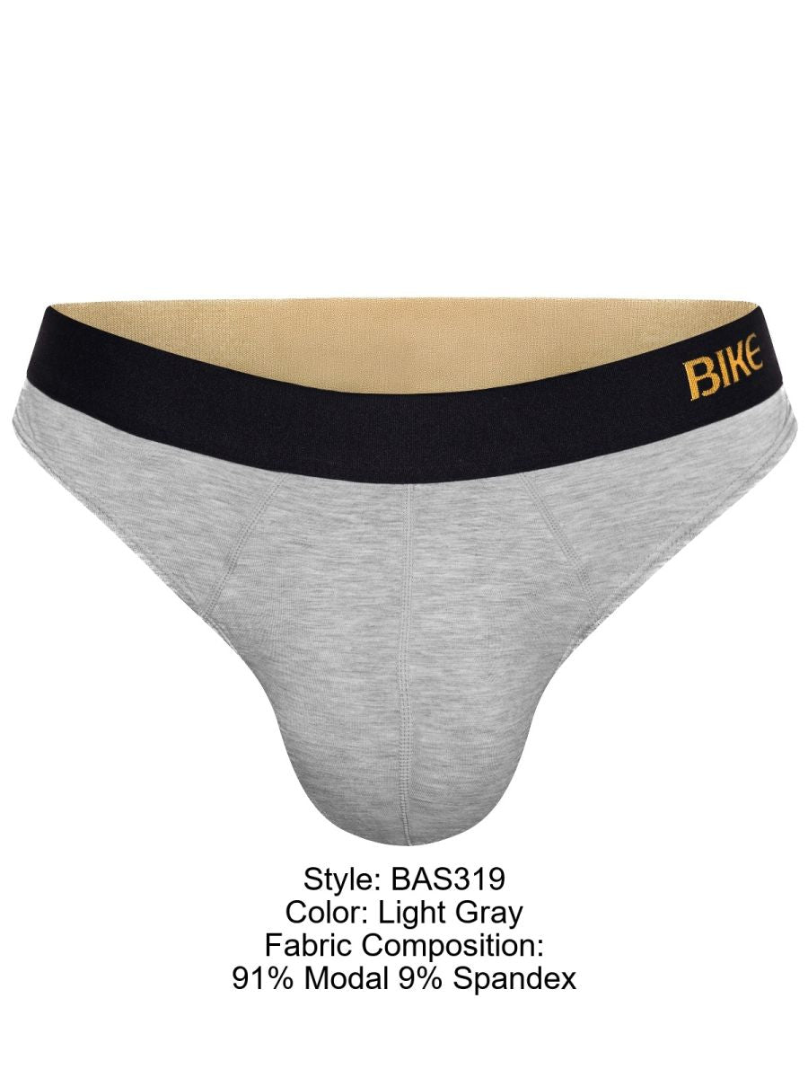 Light gray men’s briefs with black waistband featuring bike logo in gold lettering from bike athletic BAS319 active thong