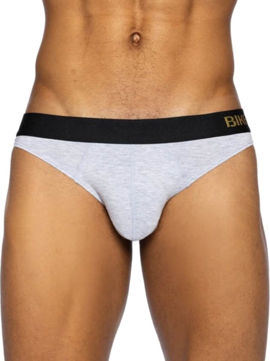 Gray heathered briefs with black waistband and gold lettering from BIKE athletic BAS319 active thong in light gray color
