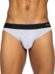 Gray heathered briefs with black waistband and gold lettering from BIKE athletic BAS319 active thong in light gray color
