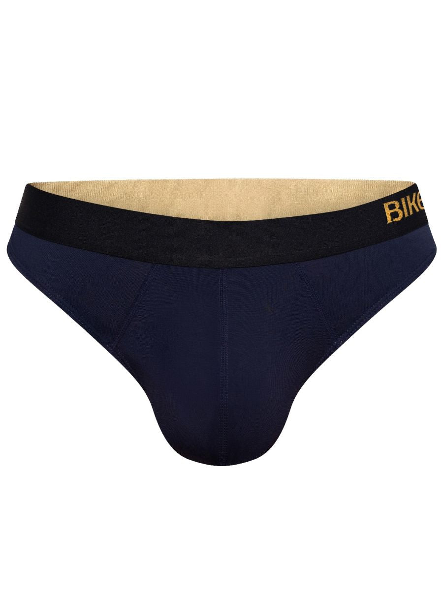 Navy blue bike athletic BAS319 active thong with black waistband and gold bike lettering, shown from the back side