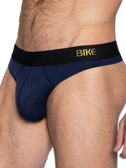 Navy bike brand briefs with a black waistband featuring gold lettering for active use in BIKE Athletic BAS319 thong style