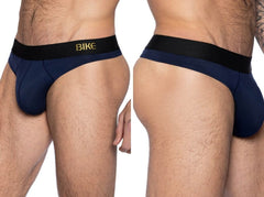 Navy blue BIKE Athletic BAS319 active thong bike briefs with black waistband and gold bike lettering front view