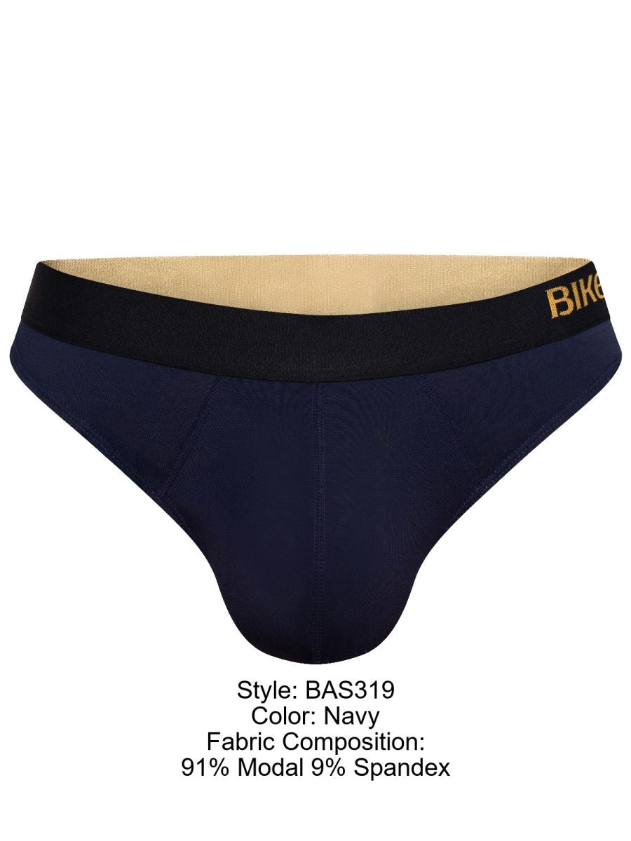 Navy blue men’s briefs with a black waistband featuring gold lettering from BIKE Athletic BAS319 Active Thong