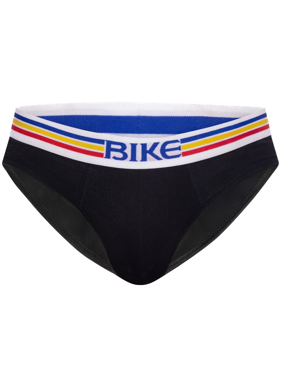 Black bike athletic bas327 stretch cotton briefs with white waistband and blue bike lettering with red and yellow stripes
