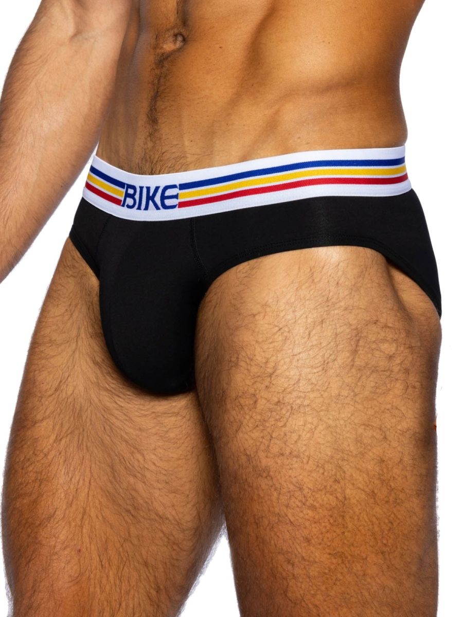 Black bike athletic bas327 stretch cotton briefs with white waistband and blue yellow red stripes in front view