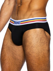 Black bike athletic bas327 stretch cotton briefs with white waistband and blue yellow red stripes in front view