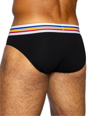Black bike athletic bas327 stretch cotton brief with colorful white blue yellow and red striped waistband