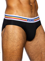 Black bike athletic stretch cotton briefs with white waistband and blue yellow red stripes for active wear