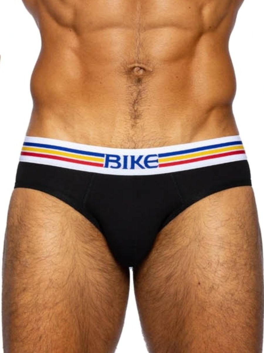 Black bike athletic bas327 stretch cotton brief with white waistband blue bike logo and red yellow stripes