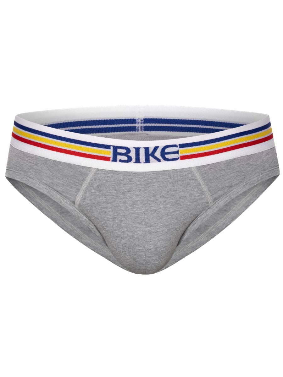 Gray heathered bike athletic bas327 stretch cotton brief with white waistband and blue yellow red stripes