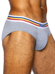 Gray heathered bike athletic bas327 stretch cotton briefs with white waistband and red yellow blue stripes