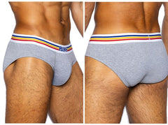 Gray heathered stretch cotton briefs with a white waistband featuring red yellow blue stripes and navy bike lettering