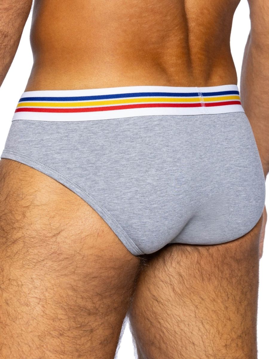 Gray heathered stretch cotton briefs with a white waistband featuring red yellow and blue stripes for athletic use