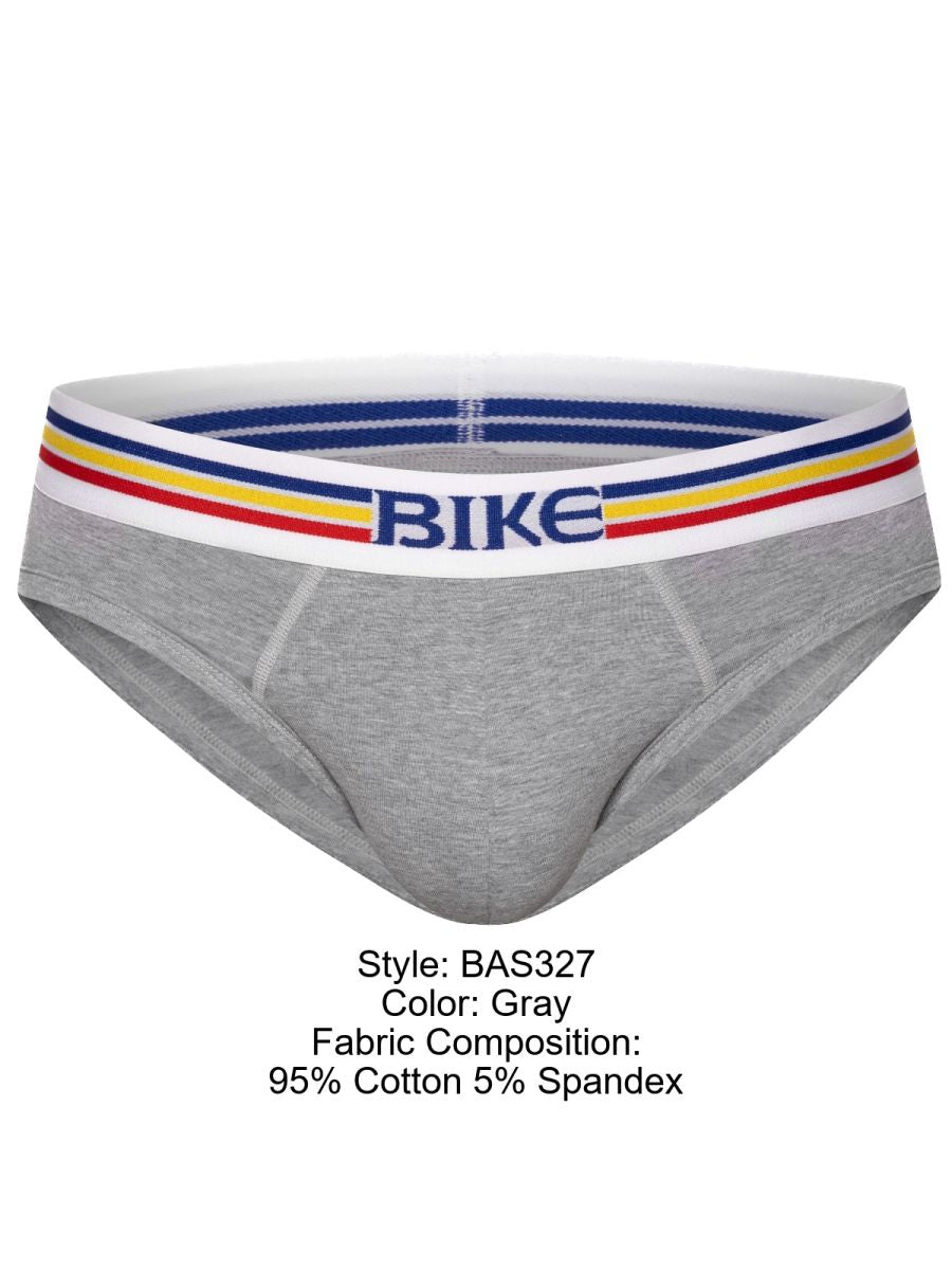 Gray bike athletic bas327 stretch cotton men’s briefs with white waistband and blue yellow red stripes