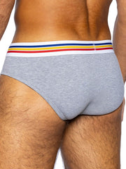 Gray heathered stretch cotton briefs with a white waistband featuring red yellow and blue stripes for athletic use