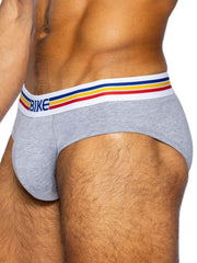 Gray heathered men’s BIKE athletic stretch cotton briefs with white waistband and colorful red yellow blue stripes