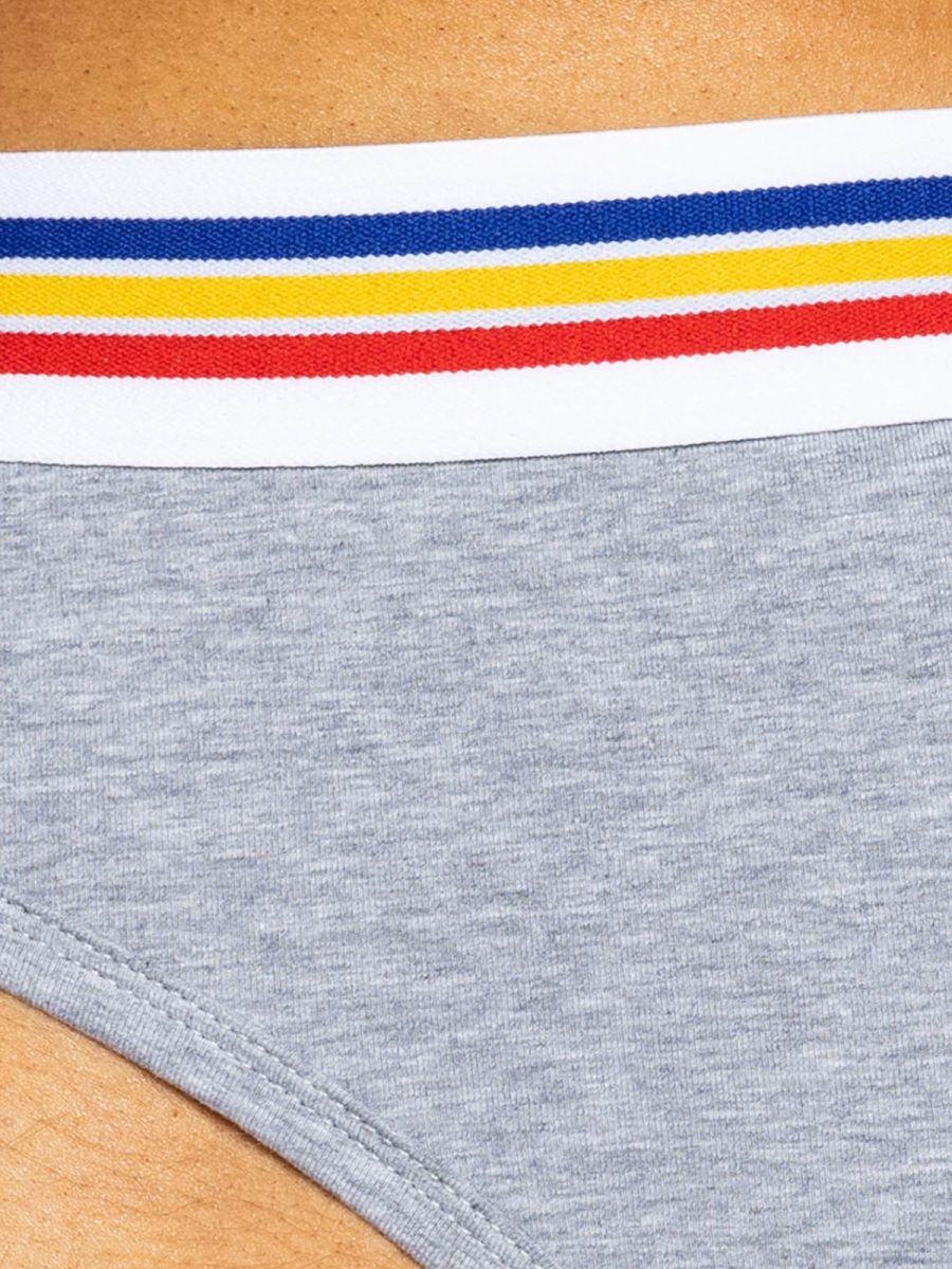 Gray heathered stretch cotton bike athletic brief with white elastic waistband featuring blue yellow and red stripes