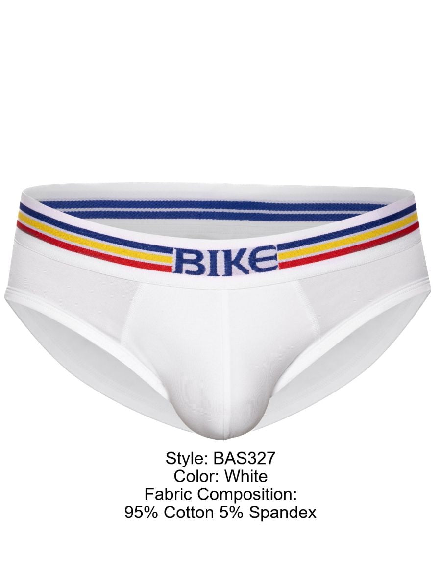 White bike athletic bas327 men’s stretch cotton briefs with striped blue yellow red waistband and bike logo