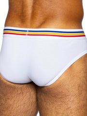 White bike athletic bas327 stretch cotton briefs with colorful red yellow and blue striped waistband front view