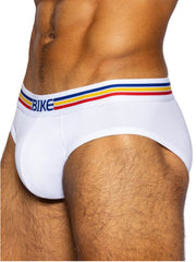 White men’s stretch cotton briefs with colorful striped waistband featuring bike in blue lettering model bas327
