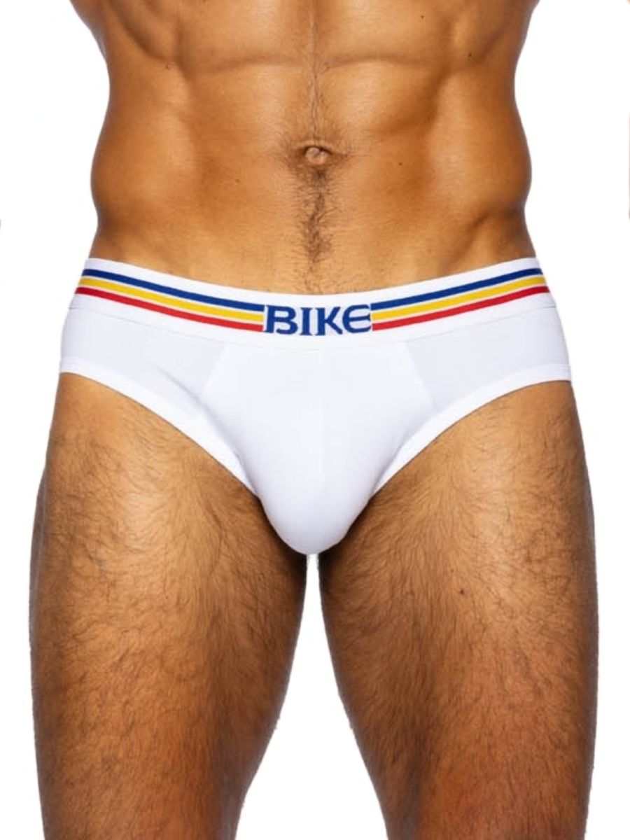 White bike athletic bas327 stretch cotton brief with colorful striped waistband and blue bike lettering