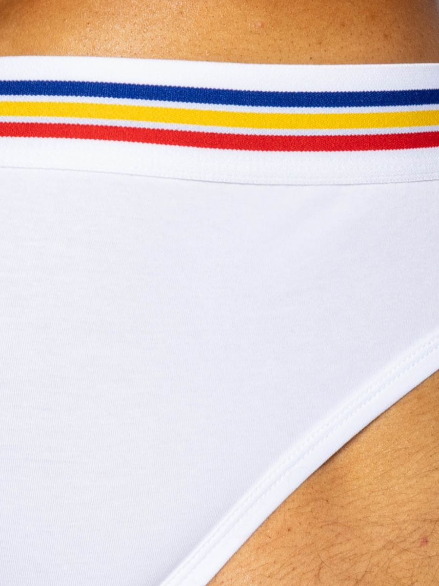 White bike athletic bas327 stretch cotton brief bottom with ribbed waistband and blue yellow red stripes back view