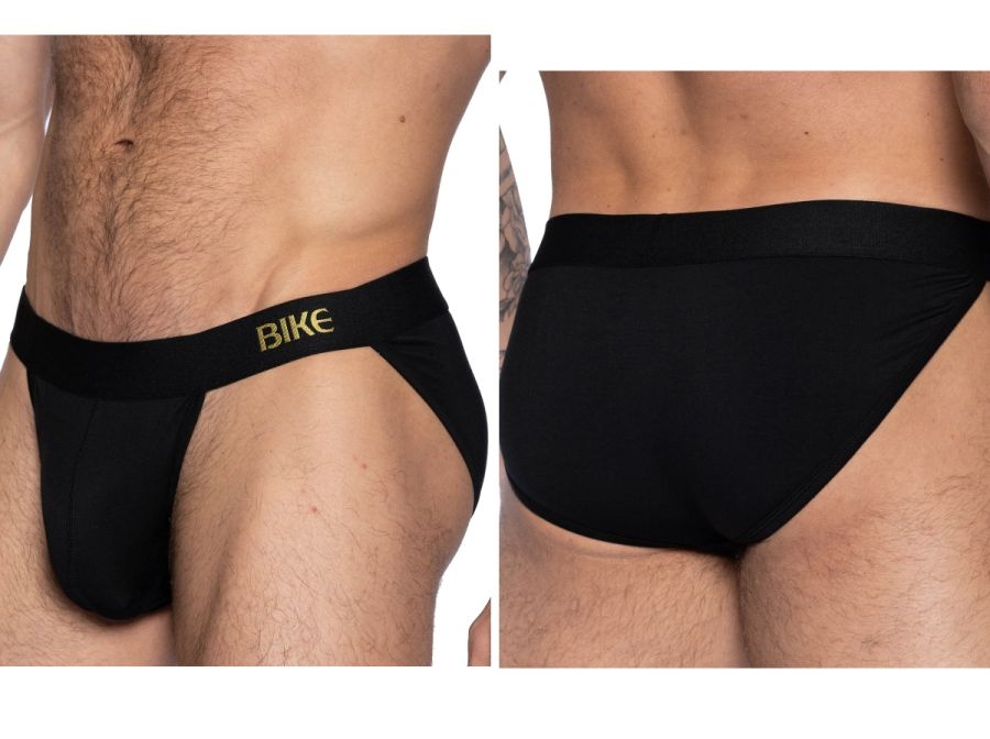 Black men’s bike briefs with gold bike branding on waistband designed for athletic active use in BAS331 style