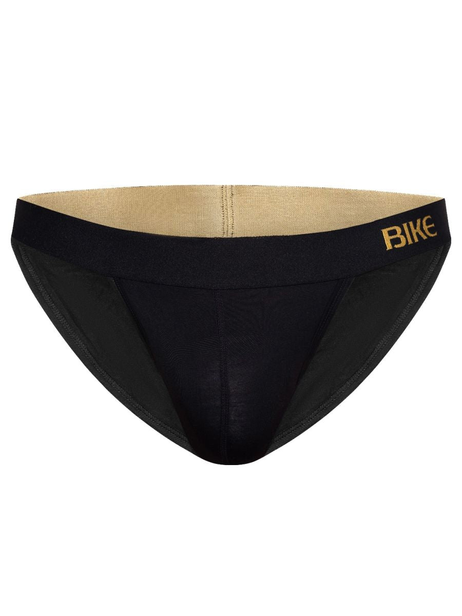Black bike athletic bas331 active jock brief with gold logo waistband and beige interior lining for support