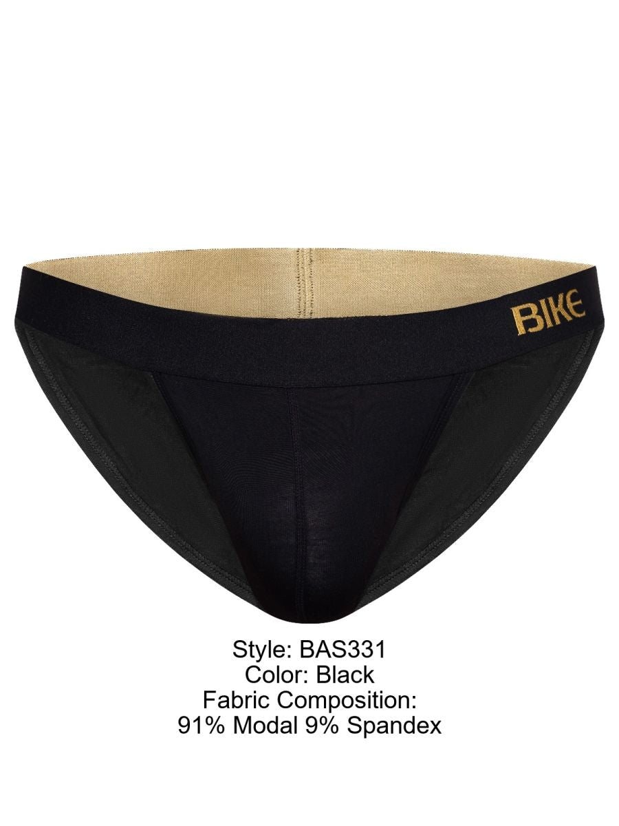 Black bike athletic BAS331 active jock briefs with gold logo waistband and beige lining for performance use