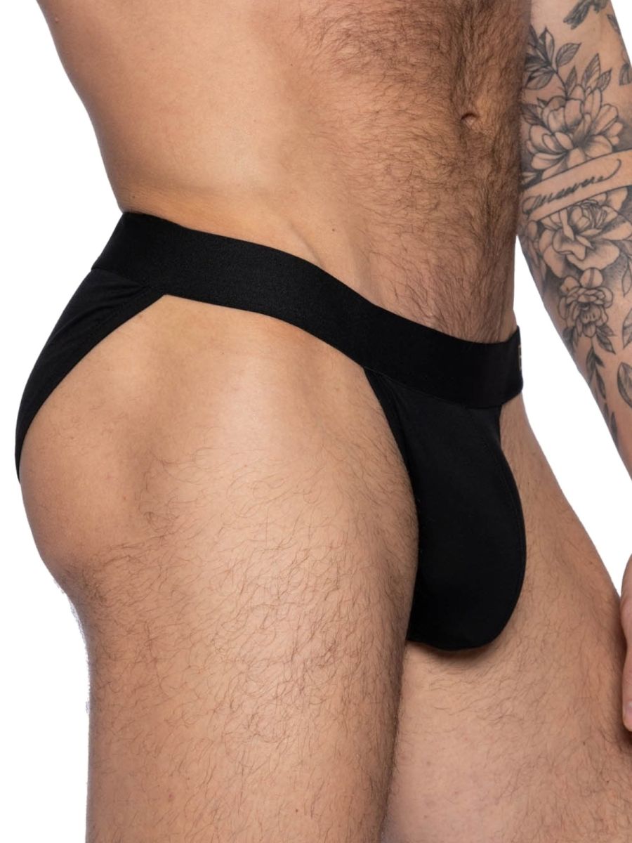 Black bike athletic bas331 active jock brief with smooth stretchy fabric and wide waistband shown from the back side
