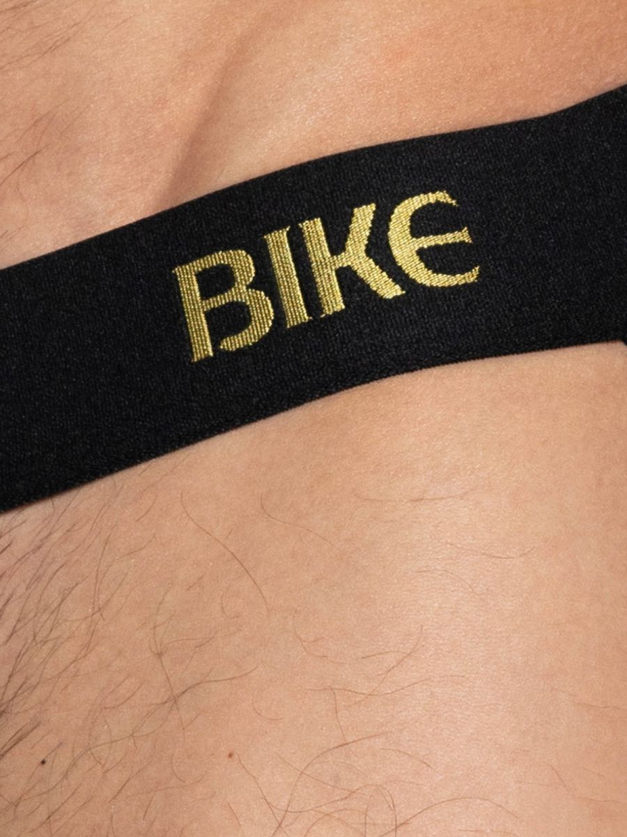 Black elastic band with gold embroidered bike lettering on bike athletic bas331 active jock brief in black