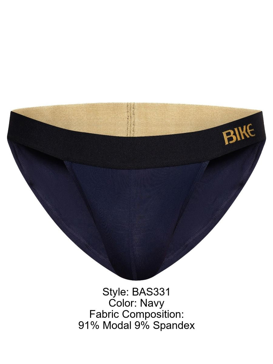 Navy blue bike athletic bas331 active jock briefs with black waistband gold bike branding and beige interior lining