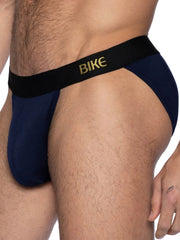 Navy blue bike athletic bas331 active jock briefs with black waistband and gold lettering for performance use