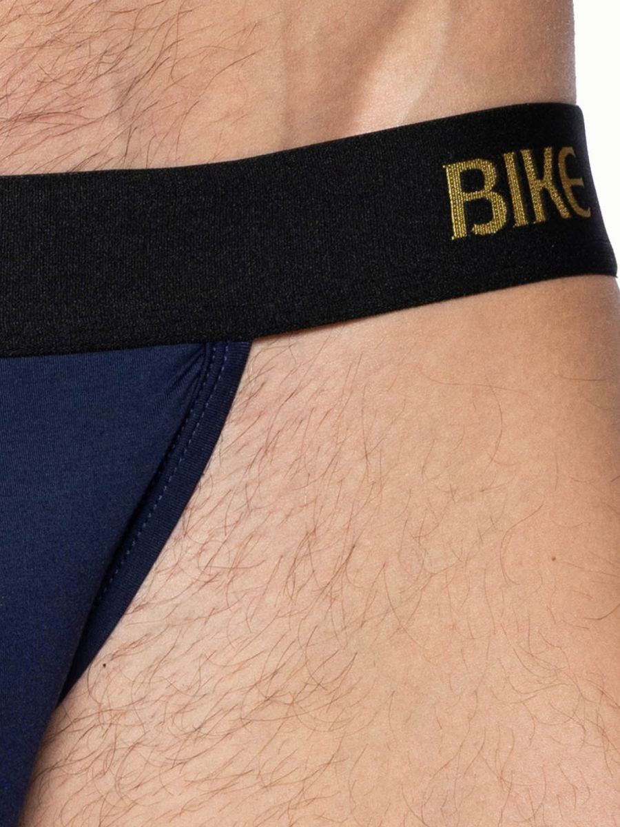 Black bike brief with gold bike lettering on waistband in navy from BIKE Athletic BAS331 active jock brief collection