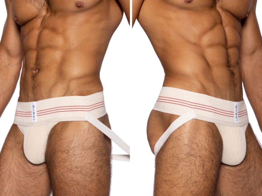 White bike athletic briefs with red stripes and elastic waistband in vintage cream color classic retro style