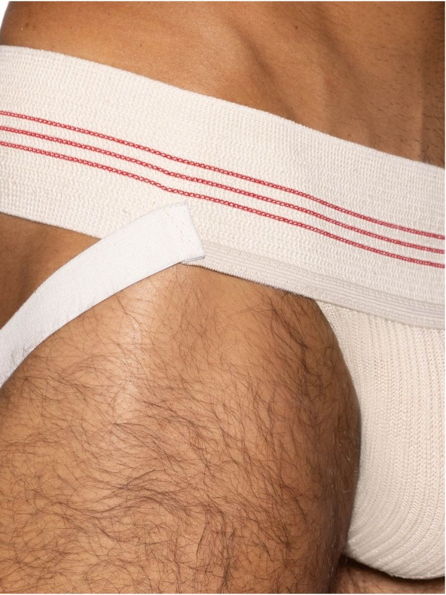 White athletic brief with red stitched stripes across waistband vintage cream color classic retro jockstrap