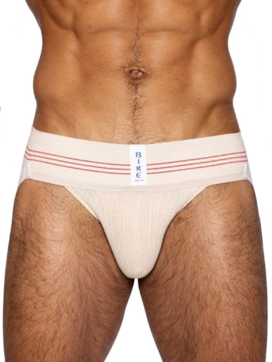 Cream-colored athletic briefs with red stripes and a white label featuring bike in blue from bike athletic bas333 classic retro
