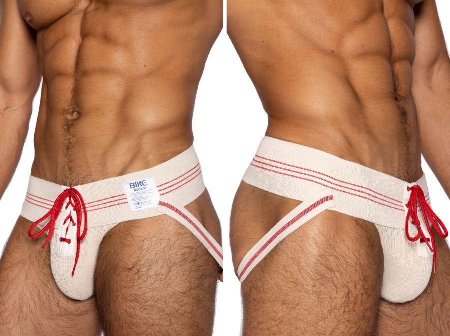 White athletic briefs with red stripes and matching drawstrings featuring bike brand label on vintage cream waistband