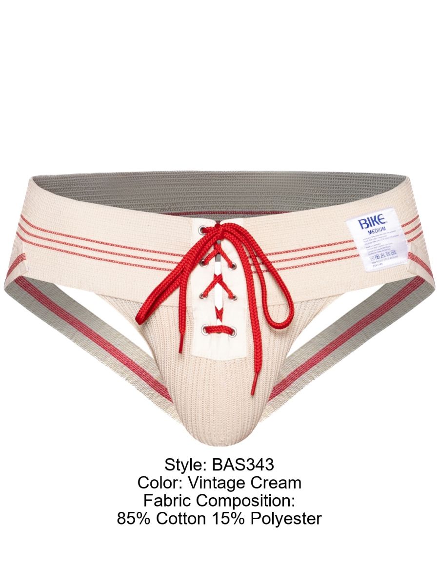 Vintage cream bike athletic lace-up jockstrap with red laces and striped trim in vintage cream color