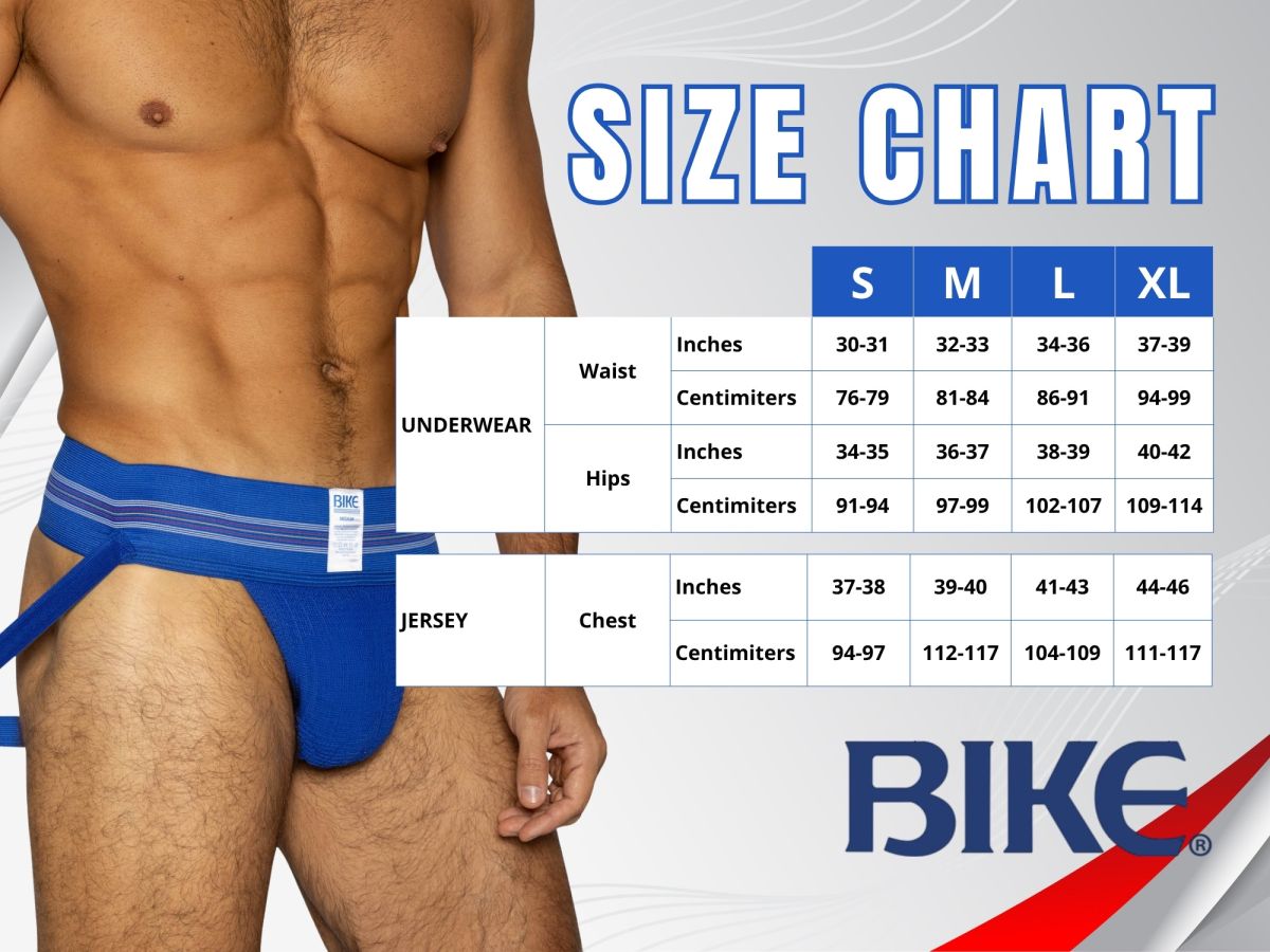 Blue bike athletic briefs with white striped trim and brand tag on waistband for vibrant original number 10 jockstrap